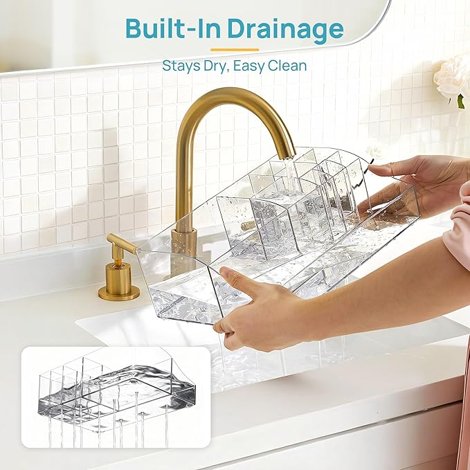 Vtopmart 5 PCS Bathroom Countertop Organizer, 1 Divided Tray with 4 Qtip Holder Jars, Restroom Clear Organizers for Toothbrush, Cotton Pads Balls, Floss, Bathroom Vanity Accessories Storage Set