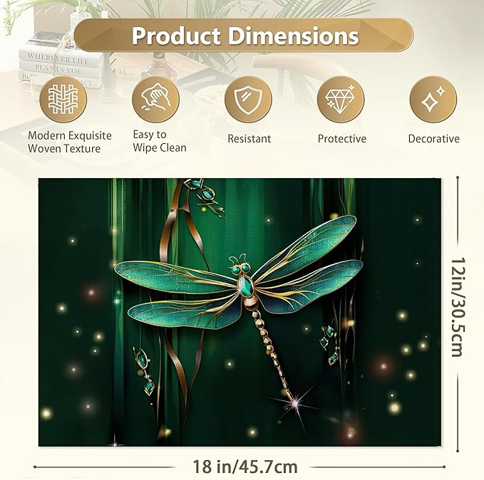 Green Jewel Dragonfly Place Mats Set of 6, Table Mats Heat Insulation Non Slip Washable Dining Placemats for Wedding Holiday Party Kitchen Decor 12X18 in