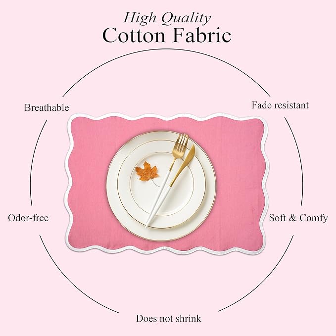 CPC Cotton Placemats Poopy Pink Set of 4-Hand Block Printed Reversible Placemats, Flower Scalloped & Embroidered Cloth Table Mats - 14 x 20 inch Gift for Spring, Mother's Day