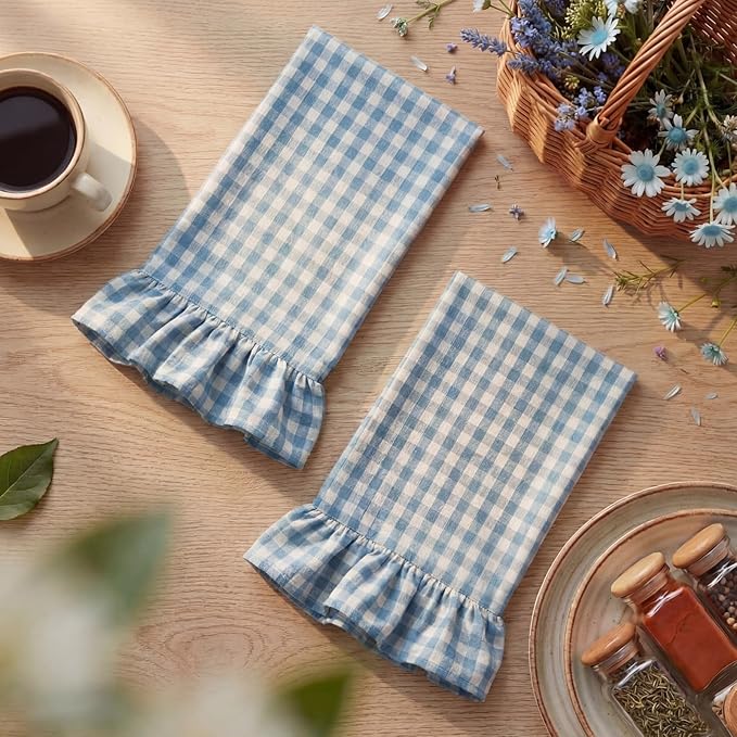 HunnmingRe Kitchen Towels Set of 2, 100% Cotton Ruffled Gingham Dish Towels 18"x28" Absorbent Tea Cloths Classic Plaid Pattern for Farmhouse Charm, Drying Dishes, Entertaining Guests(Blue)