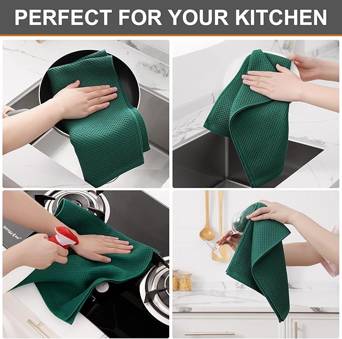 Kitinjoy 100% Cotton Waffle Weave Kitchen Hand Towels (13 X 28 Inches, Dark Green), 4-Pack Super Soft and Absorbent Dish Towel for Drying Dishes