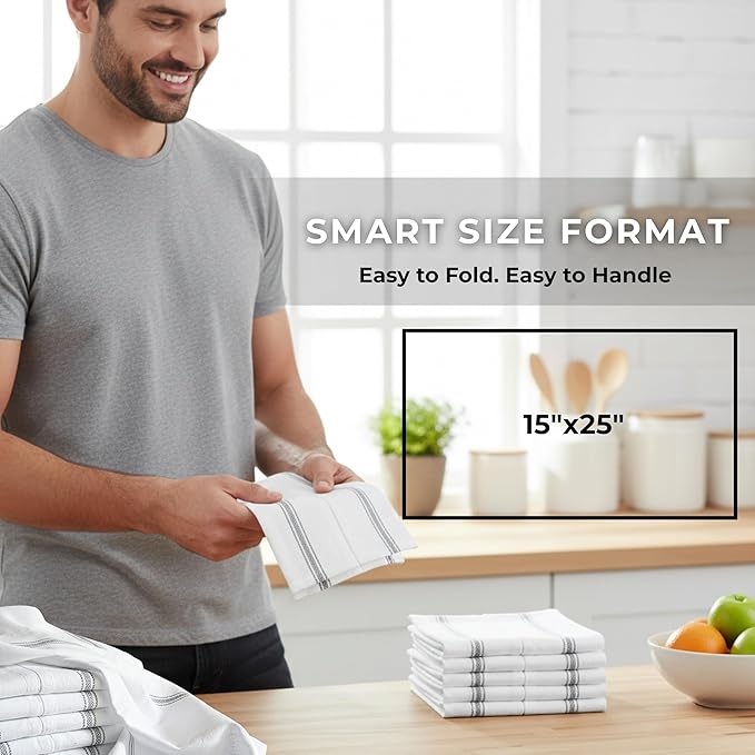 Bulk Kitchen Towels Cotton for Chefs in Commercial Restaurants - 15"X25" - 12 Pack - White Linen Tea Dish Towels - Lint Free Soft Absorbent Side Gray Striped Herringbone Weave Towles