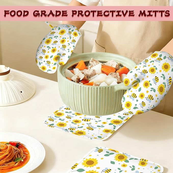 Cute Bee Sunflower Heat-Resistant Silicone Oven Mitts and Pot Holders 4 Piece Set,Extra Long Non-Slip Kitchen Oven Gloves for Cooking, Baking, BBQ,Grilling