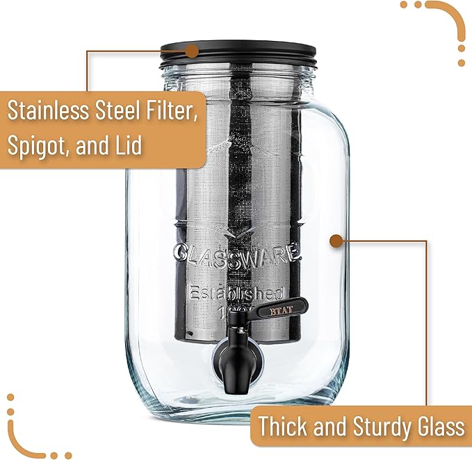 BTaT- 1 Gallon Cold Brew Coffee Maker, Thick Glass Pitcher with Stainless Steel Filter, Lid & Spigot, Iced Coffee & Sun Tea Brewer, Large Mason Jar Cold Brew Container, Fast Iced Tea Maker for Fridge