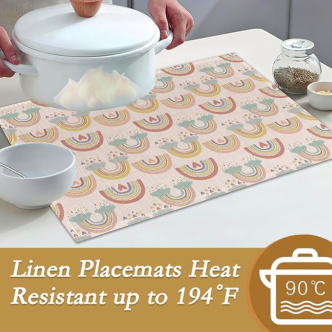 Rainbow Heart Placemats,Boho Whimsical Table Mats Set of 6,12x18 Inch,Waterproof Oil-Proof Washable and Reusable Linen placemats Holiday Party Kitchen Table Decorations