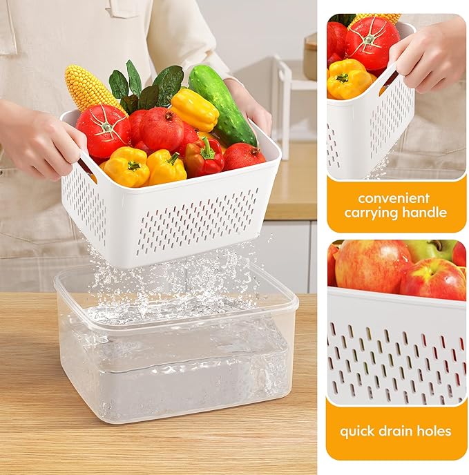 6 PCS Fruit Storage Containers for Fridge with 6 Removable Colanders, BPA Free Food Storage Containers, Dishwasher & Microwave Safe Produce Containers Keep Fruits, Vegetables, Berry, Meat Fresh Longer