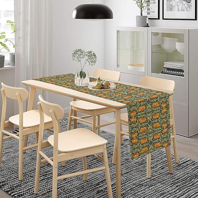 William Morris Vintage Floral Table Runner Farmhouse Sage Green Orange Art Printed Dinner Runner for Home Kitchen Dining Table Decor Fabric 1 Panel W13xL90in