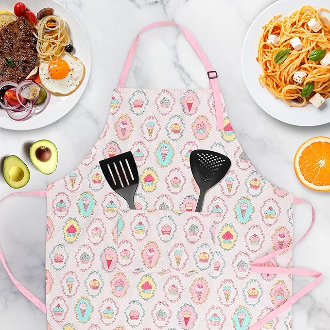 Cute Apron with 2 Pockets for Women, Adjustable Neck Strap and Long Waist Ties Cotton Cooking Baking Aprons, Use as a Kitchen and Chef Apron, Artist or Garden Aprons (Cupcake)