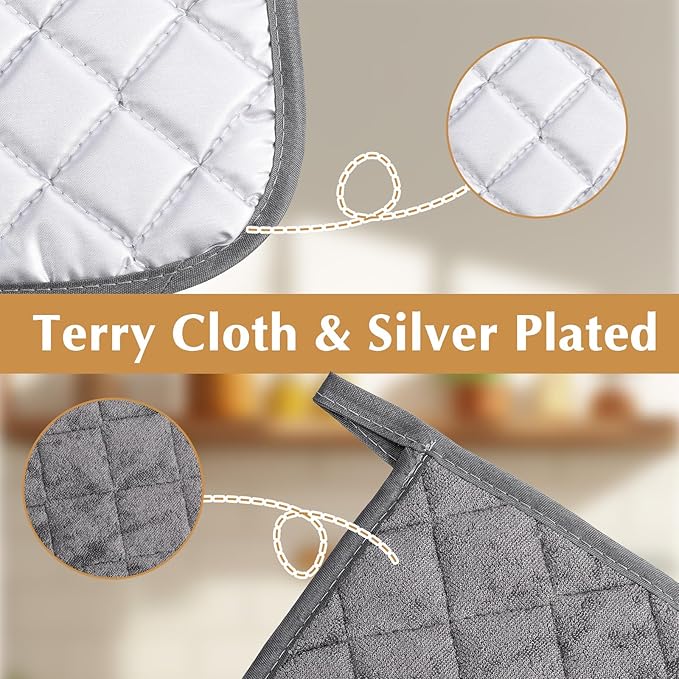 4 Pcs Kitchen Hot Pads Pot Holders Dining Essentials Decor Accessories Terry Cloth Potholders Sets with Hanging Loops for Oven Cooking Baking Pans Heat Resistant, Grey