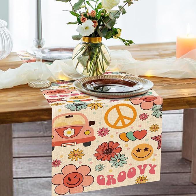 Groovy Hippie Daisy Flower Dining Table Runner, Vintage Bus Floral Peace and Love Burlap Kitchen Decoration, Retro Smiling Face Indoor Outdoor Home Decor Party Supply 13 x 72 Inches