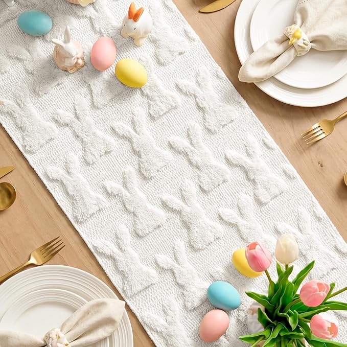 Artoid Mode White Soft Plush Faux Fur Jacquard Bunny Rabbit Easter Table Runner, Seasonal Kitchen Dining Table Decoration for Home Party Decor 13x48 Inch