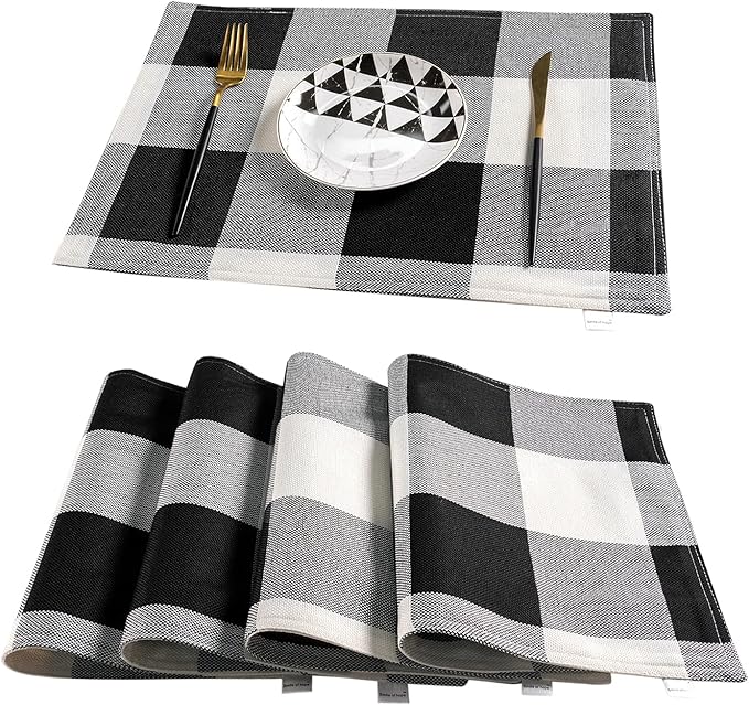 Black and White Placemats Set of 4, Linen Buffalo Plaid Double Layer Spring Placemats Check Kitchen Table Mats,Waterproof Heat Resistant Durable Cloth Washable Placemats 13 x 19 Inches