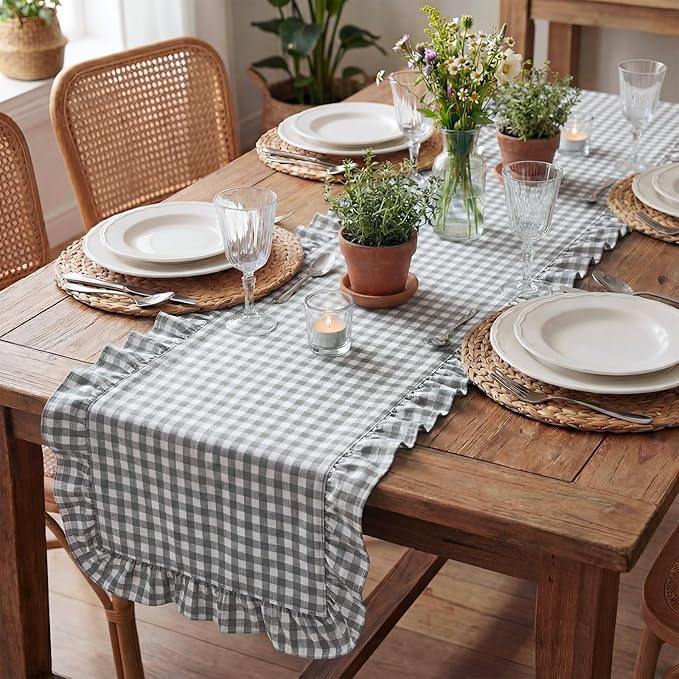 HunnmingRe 1 Pcs Light Grey Plaid Gingham Ruffle Table Runner 118 x 13.8'' Farmhouse Table Runner 100% Cotton Scalloped Long Dresser Scarves for Dining Room, Wedding, Kitchen Rustic Home Decor