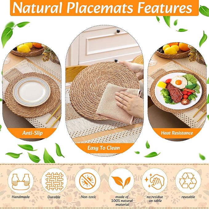 Boho Placemats 4/6/8 Set of Round Woven Placemat Macrame Style Bicolor Stitching Long Table Runner Farmhouse Rustic Natural Burlap Cotton for Kitchen Dining Table(6 Sets,Brown,12x72)