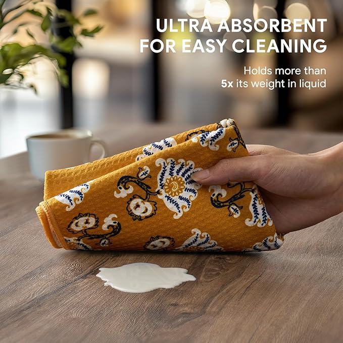 RECYCO Waffle Kitchen Towel Set of 2 - Quick Dry Microfiber Sustainable Dish Towels - Ultra Absorbent Reusable Cleaning Tea Towels - Lightweight Hand Towels,16”x 28”, Marigold Mosaic