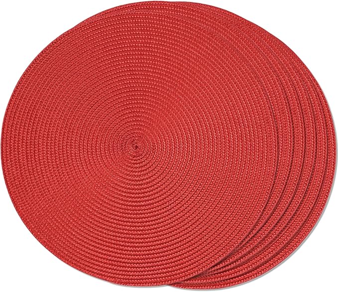 FunWheat Round Braided Placemats Set of 6 Table Mats for Dining Tables Woven Washable Non-Slip Place mats 15 inch (red, 6pcs)