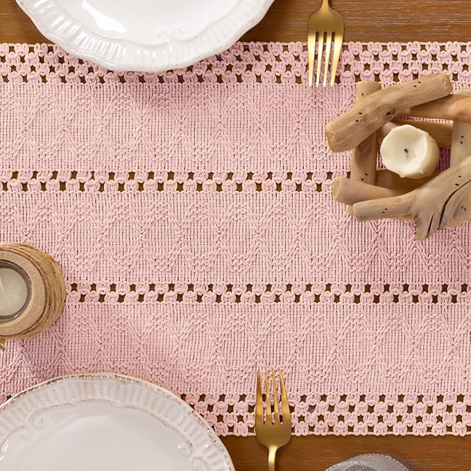 DeZerlor Boho Macrame Table Runner Spring Easter Farmhouse Woven Table Runner with Tassels 90 Inches Pink Cotton Linen Kitchen Table Decor for Dining Dresser Home Tea Table Decor