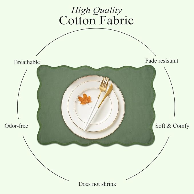 CPC Cotton Placemats Agate Green Set of 4-Hand Block Printed Reversible Placemats, Flower Scalloped & Embroidered Cloth Table Mats - 14 x 20 inch Gift for Spring, Mother's Day