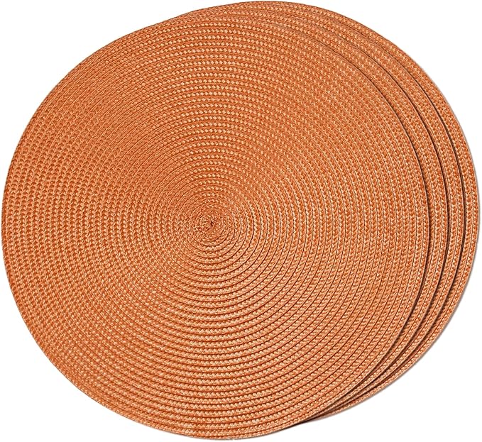 FunWheat Round Braided Placemats Set of 4 Table Mats for Dining Tables Woven Washable Non-Slip Place mats 15 inch(Pumpkin Orange,4pcs)