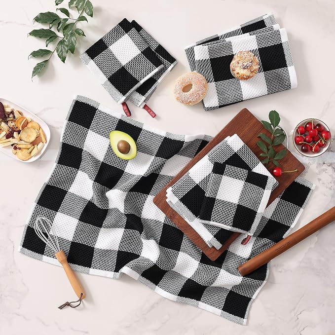 Homaxy Kitchen Towels and Dishcloths Set, 12 x 12 and 20 x 28 Inches, Set of 8 100% Cotton Waffle Weave Check Plaid Kitchen Dish Towels, Super Soft and Absorbent Dish Cloths, White & Black