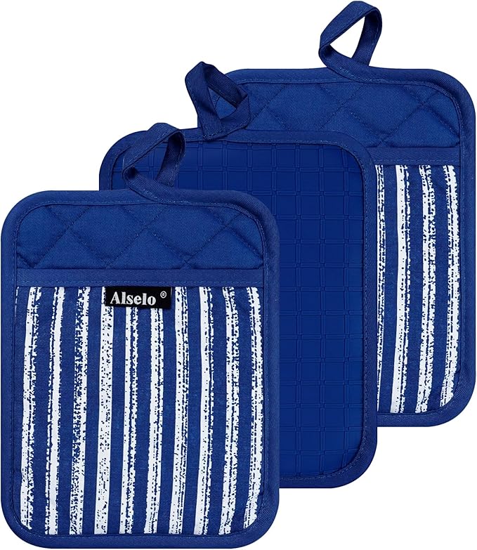 Alselo Silicone Pot Holders Set of 3 Heat Resistant & Non Slip Potholders, Professional Oven Hot Pads with Pockets Mitts for Kitchen Cooking Baking Barbecue (Cobait Blue, 3)