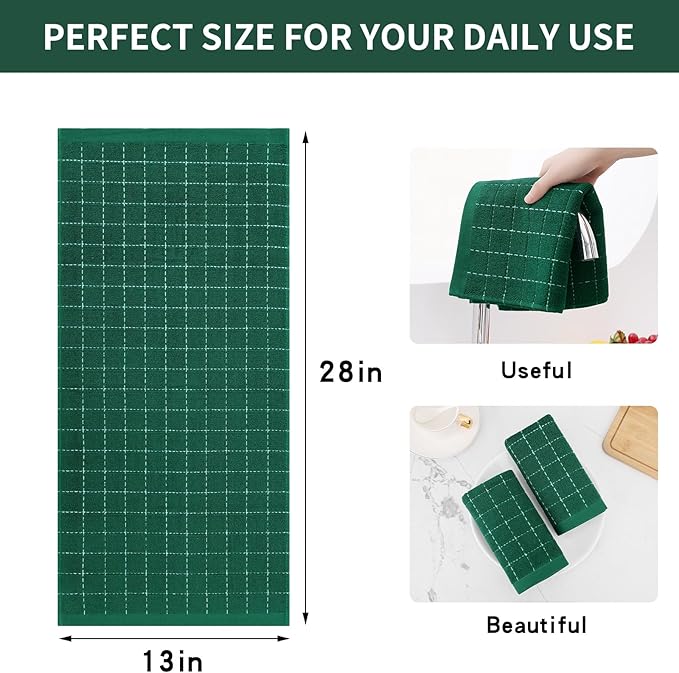 Homaxy 100% Cotton Terry Kitchen Towels(Dark Green, 13 x 28 inches), Checkered Designed, Soft and Super Absorbent Dish Towels, 2 Pack