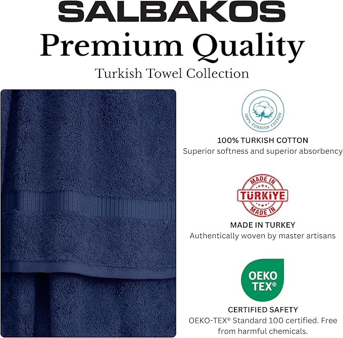 SALBAKOS 100% Turkish Cotton Hand Towel Set of 6, 16x30 inch | Premium Quality | Hotel & Spa Collection | Ultra Soft, Super Absorbent, Long Lasting Hand Towels | Made in Turkey (Navy, 6 Hand Towels)