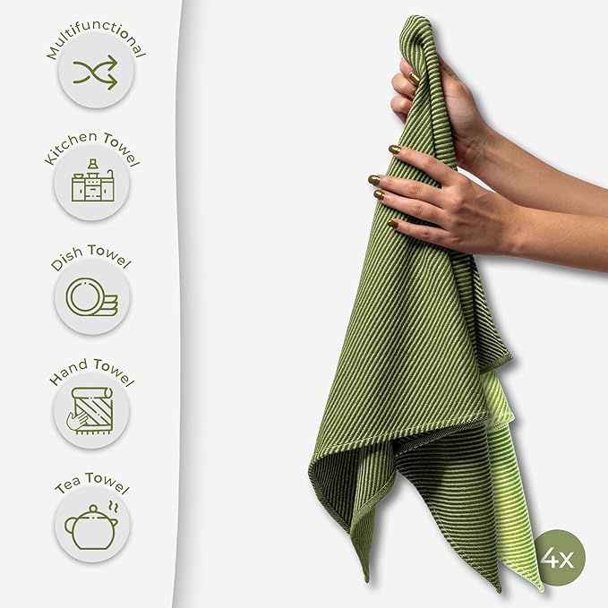 Ossano Kitchen Hand Towels - 4 Pack, (20" x 30") - Extra Soft & Striped - Versatile as, Flour Sack Towels, Kitchen Tea Towel, Dish Drying Towels, Soft Dish Cloths, Sage and Bright Green