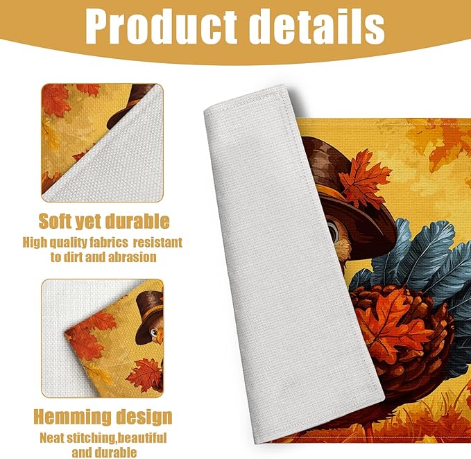 Thanksgiving Turkey Placemats Set of 6, Fall Maple Leaf Linen Place Mat Washable Stain Resistant Table Mats for Farmhouse Kitchen Party Decor 12x18 Inch
