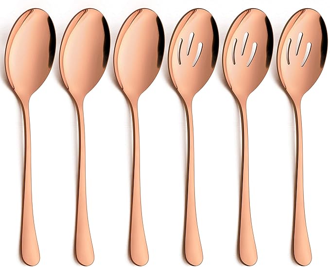 LIANYU 6-Piece Large Copper Serving Spoons, Stainless Steel Copper Slotted Spoons, Rose Gold Serving Utensils for Party Buffet Restaurant Banquet Dinner Catering, Dishwasher Safe, 9.8Inch