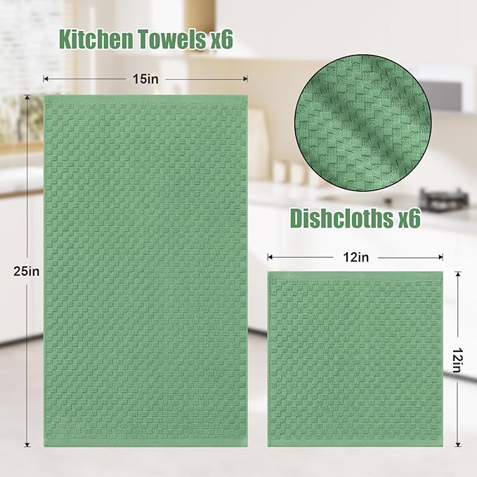 Homaxy 100% Cotton Kitchen Towels and Dishcloths Set, 12 x 12 & 15 x 25 Inches, Set of 12 Bulk Terry Cloth Dish Towels, Super Soft and Absorbent Hand Towel with Hanging Loop, Grass Green