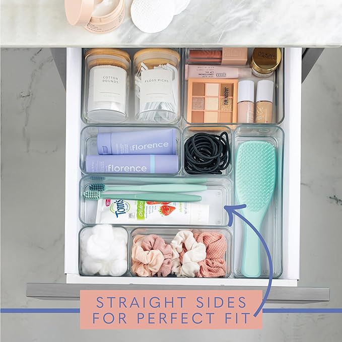primebox Plastic Clear Acrylic Drawer Organizers. Bathroom, Kitchen, Bedroom, Utensils, Office Organizer Bins, Storage Trays. Heavy Duty, Stackable. 9" x 2" x 2" Set of 6