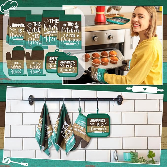 Fourluoo 8 Pcs Mint Kitchen Towels and Dishcloths Sets Oven Mitts and Pot Holders Sets Absorbent Kitchen Gloves Potholders Heat Resistant for Chef Baking Cooking