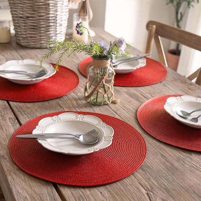 FunWheat Round Braided Placemats Set of 4 Table Mats for Dining Tables Woven Washable Non-Slip Place mats 15inch (Red, 4pcs)