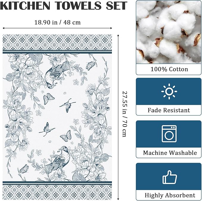 Chinoiserie Floral Bird Tea Towels, Rustic Vintage Cotton Kitchen Towel 18.9×27.5 inch, Quick Drying Dish Cloth for Party Anniversary Holiday Decoration, Housewarming Gifts for Mom