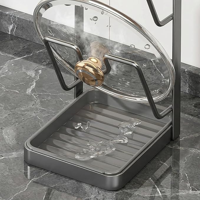 Pot Lid Organizer for Countertop & Cabinet, Carbon Steel Pan Lid Holder with Removable Drip Tray, Easy-Clean Kitchen Lid Storage Rack for Pots & Pans, Black-Gray (Black-Gray)