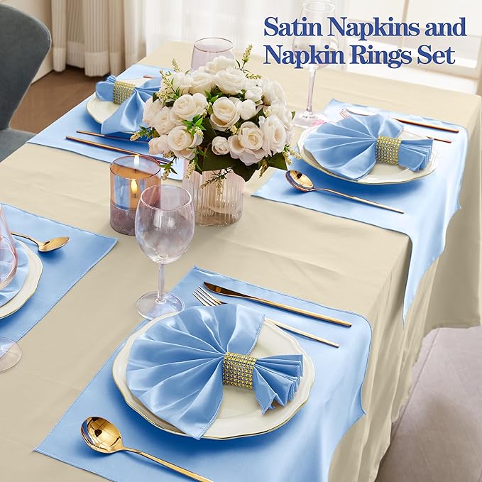 RUDONG M 100 Pcs Light Blue Satin Napkins and Napkin Rings Set, 17 x 17 Inch Square Cloth Napkins Set of 50, Silky Soft Table Napkins Bulk for Weddings, Banquet, Parties Dinner Decoration