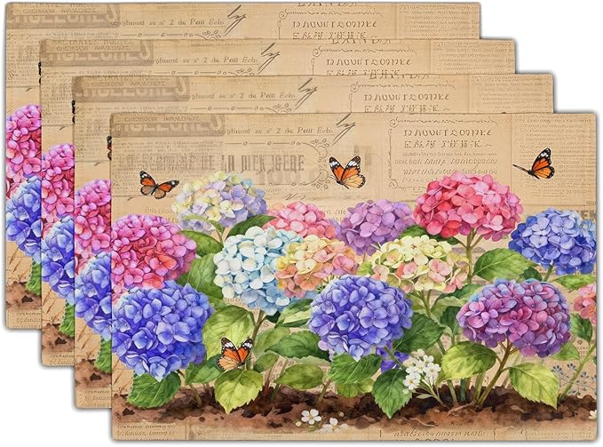 Vintage Hydrangea Floral Linen Placemat 12 X 18 in Table Place Mat Set for Family Dinners Wedding Party