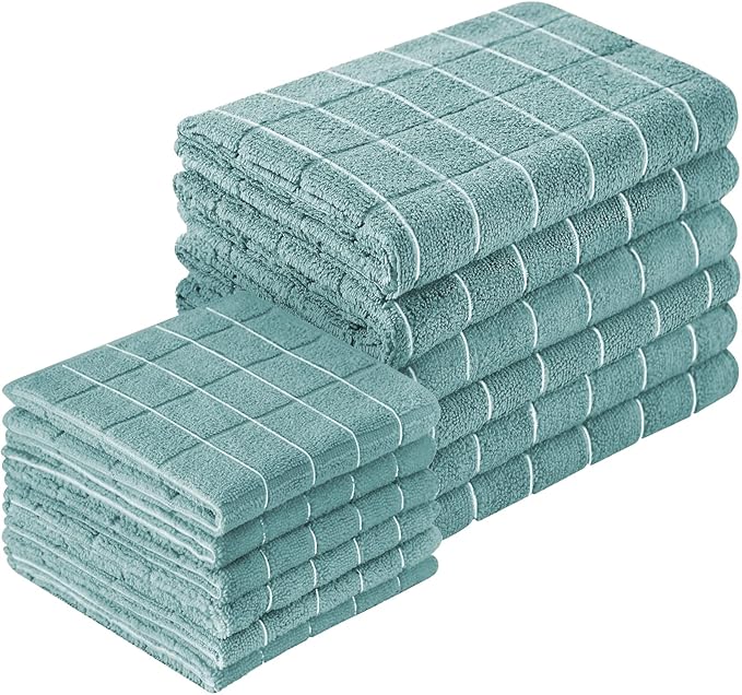 Puomue Microfiber Kitchen Towels and Dishcloths Set, 26 X 18 Inch and 12 X 12 Inch, Set of 12 Bulk Lint Free Dish Towels for Drying Dishes, Lake Blue