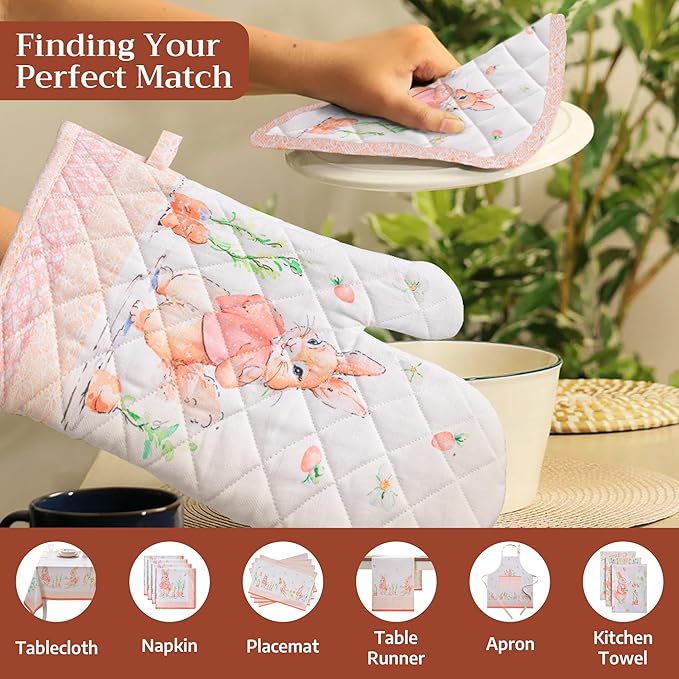 Maison d' Hermine Pot Holders 100% Cotton Heat Resistant Potholders 8" x 8" Hot Pads with Loop BBQ Cooking Baking Gifts for Mothers Day Handling Hot Pans Spring/Summer (Pack of 1, Bunny Party)