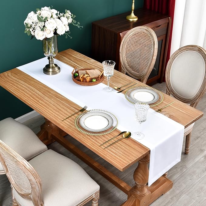 NEWISHER Farmhouse Rustic Table Runner Solid White Rectangular Table Runners Faux Linen Table Runner for Everyday Use Kitchen Dining Party Table 13x48 Inch