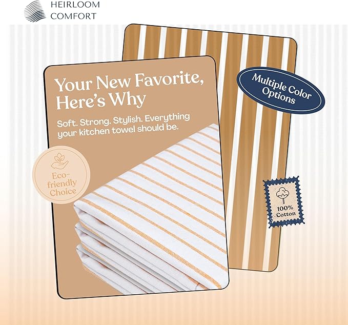Mustard Yellow Striped Dish Towels 3 Pack, Ultra Absorbent, Classic Stripe Towel Set, Quick Dry Cotton Kitchen Towels for Cleaning Counters, Drying Dishes, Everyday Cleanup