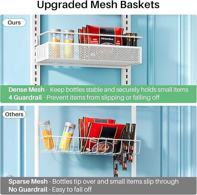 8 Tiers Over the Door Organizer - Height Adjustable Pantry Organizers and Storage with Dense Mesh Baskets, Anti-Swing Hanging Door Spice Rack for Kitchen Bathroom (White, 12.3"W x 4.7"D x 69"H)