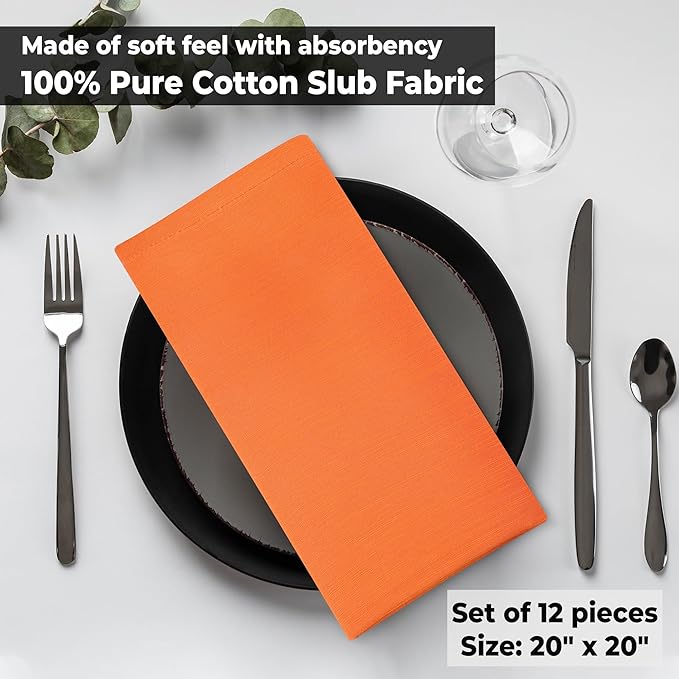 Urban Villa Cloth Napkins Set of 12 20x20 Inches 100% Cotton Napkins Cloth Washable Durable Reusable Absorbent Table Dinner Napkins Cloth for Hotel Lunch Restaurant Weddings Parties - Orange
