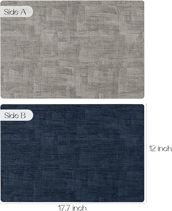 Romanstile Vinyl Placemats Set of 8-12x17 Inch, Reversible Waterproof Washable Non Slip Table Mats, Heat Resistant Wipeable Table Placemats for Dining/Party/Indoor/Outdoor, Light Grey-Navy Blue