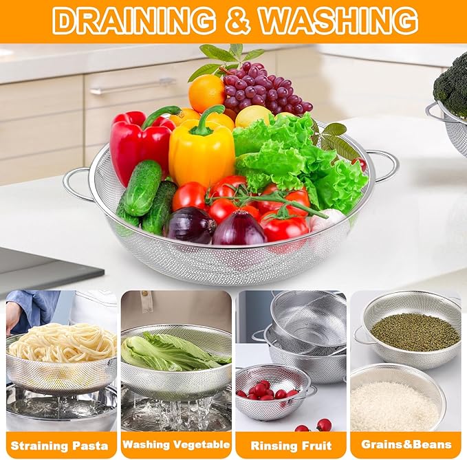 Colander Stainless Steel, 7 Piece Strainers and Colanders Set, Mesh Strainer Net Baskets with Handles, 2 Stainless Steel Plates and Fine Mesh Strainer for Kitchen Food Strain Drain Rinse Cooking