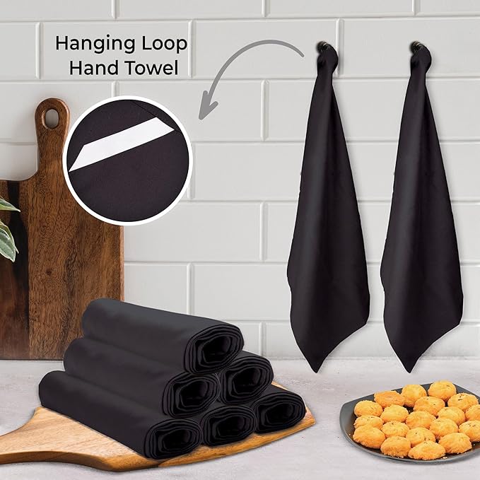Urban Villa Kitchen Towels 100% Cotton Dish Towels for Kitchen(Set of 6) 20”x30” Dish Cloths Highly Absorbent Kitchen Linen Set with Hanging Loop Perfect for Drying Dishes Cleaning Hand Towels – Black