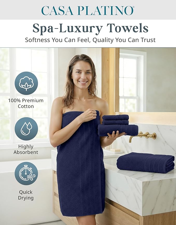 Casa Platino Luxury Cotton Bath Towel Set - 18 PCs - Low Twist, Soft & High Absorbency - 6 Bath, 6 Wash Cloth, 6 Hand Towels - Classic Hotel Quality, Durable & Ideal for Modern Bathrooms - Navy Blue