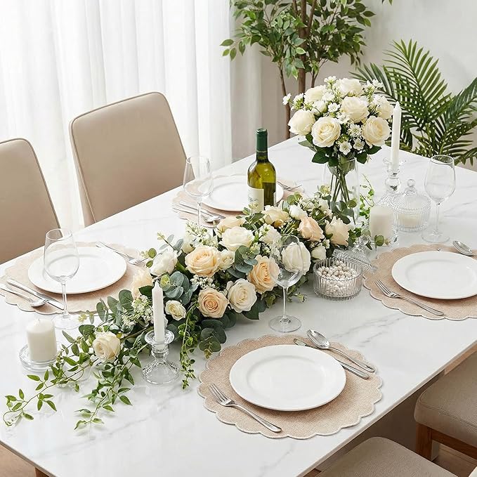 Set of 6 Round Placemats 15 Inch Cotton Scalloped Embroidery Placemat Washable Double Layered Rustic Dinner Table Mat Decor Fabric for Hotel Restaurant Kitchen (Beige/White,Classic)