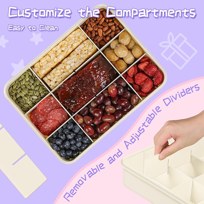 Xyptorix Snack Box Container for Kids - Adjustable 12-Compartment Snack Containers, Reusable Bento Box, Dishwasher Safe, BPA-Free, Perfect for School, Travel, Camping & Picnic, Ivory White, Large